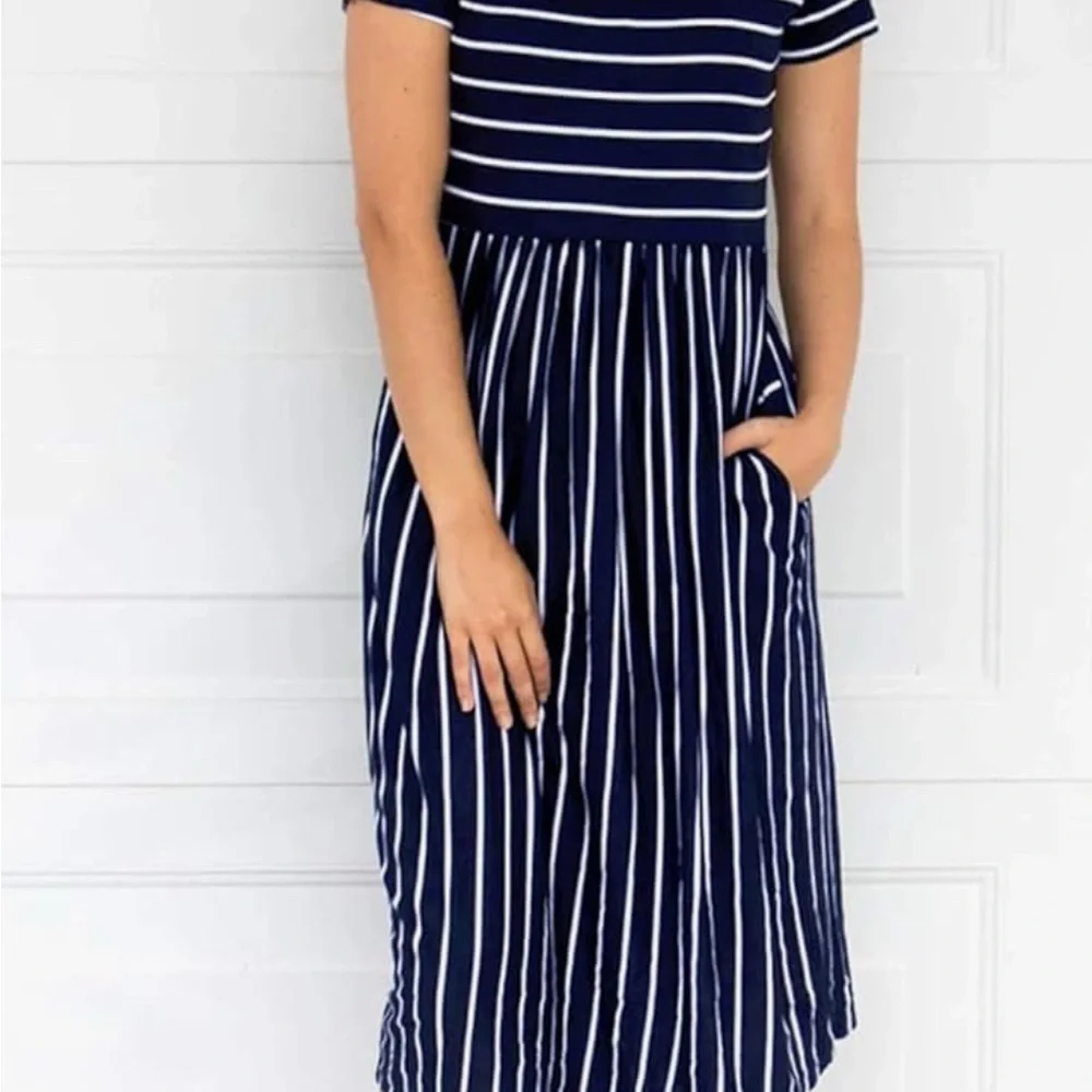Merokeety Navy Striped Midi Dress Blue White Size M - Picture 1 of 5